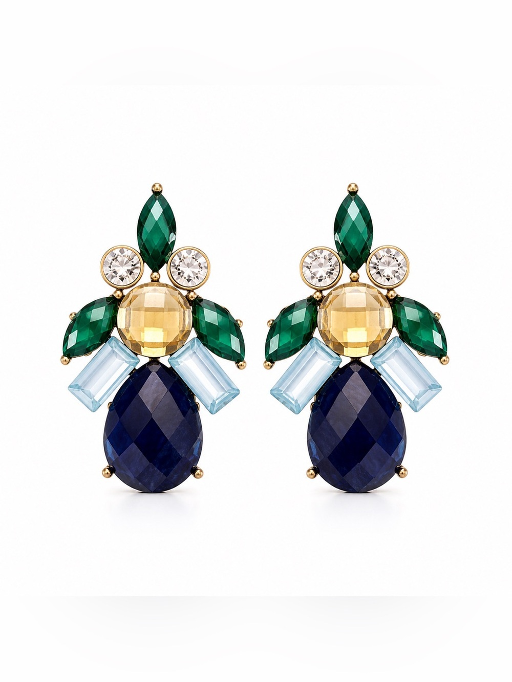 Bronze Statement Earrings Blue Green Crystal Gem Drop 1.5”
